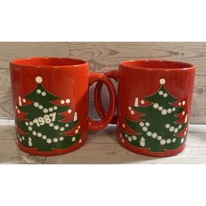 Waechtersbach Germany 1987 Vintage Pair Red Christmas Tree Mugs Collectible
